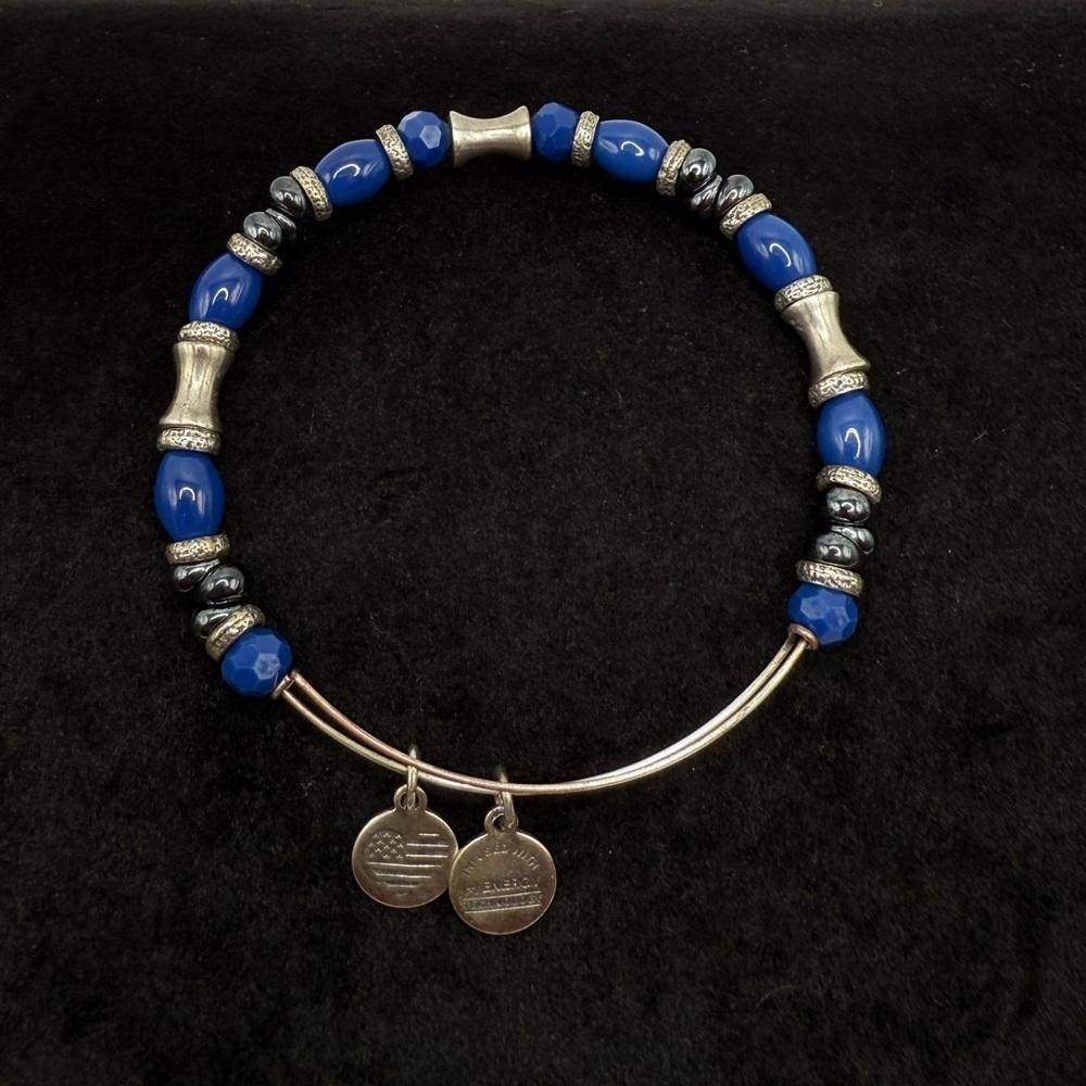 Alex and Ani Blue Beaded Expandable Bangle Bracelet Silver Tone Charm